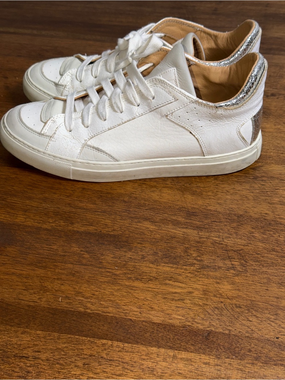 MM6 Maison Margiela White Leather Low Top Sneakers Silver Glitter Heel